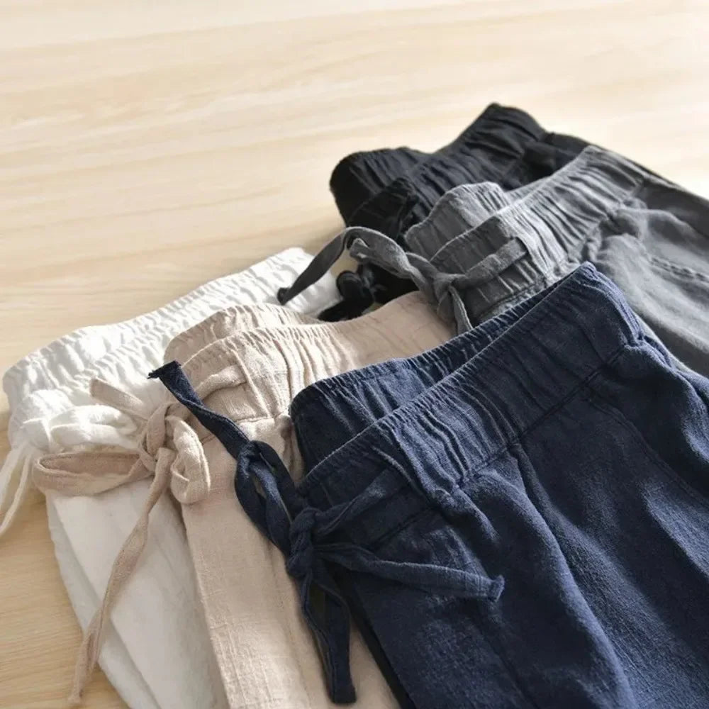 Men's Cotton Linen Casual Pants Baggy Streetwear Men Joggers Sports Trousers Solid Color Long Straight Trendy Pants for Men