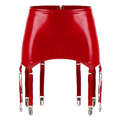 Womens Garters Latex Skirts Suspender Garters Belt Wet Look Patent Leather Mini Skirts Garters with Metal Clips Clubwear Costume