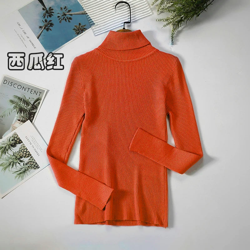 2026 Simple Women Turtleneck Sweater Winter Fashion Pullover Elastic Knit Ladies Jumper Casual Solid Black Female Basic Tops