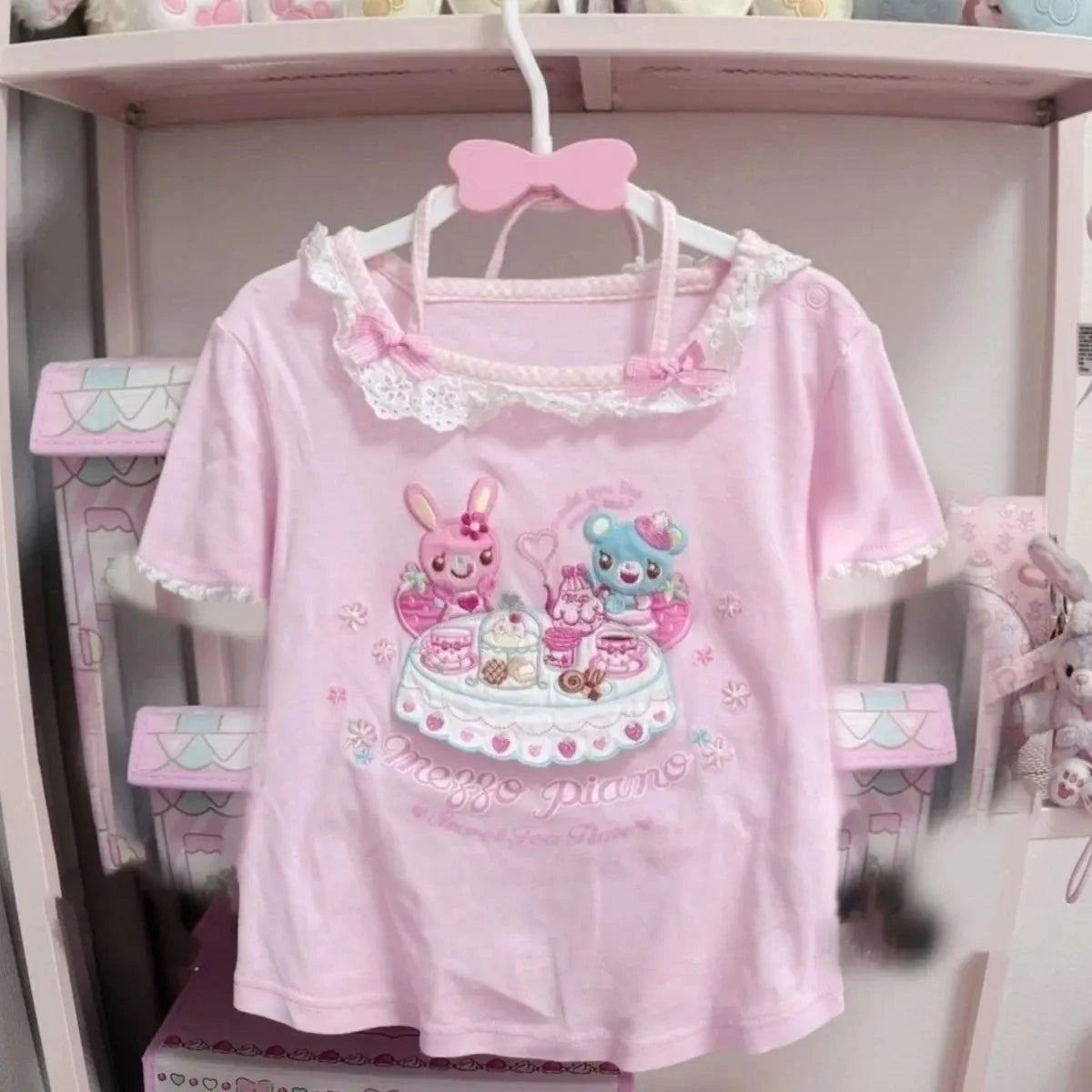 Japanese Kawaii Crop Tops Cartoon Print Harajuku Lolita Short Sleeve T-shirts Women Y2k Aesthetic Slim Tee Vintage Fairy Grunge