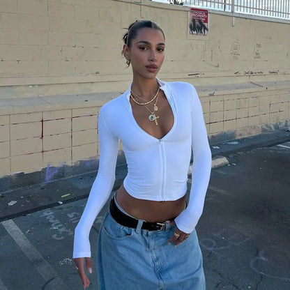 Huhugirl Summer Sexy Club Tees Zipper Tshirts Women Solid Tops Fashion Long Sleeveless V-Neck Streetwear Mini Slim Tops Blusas