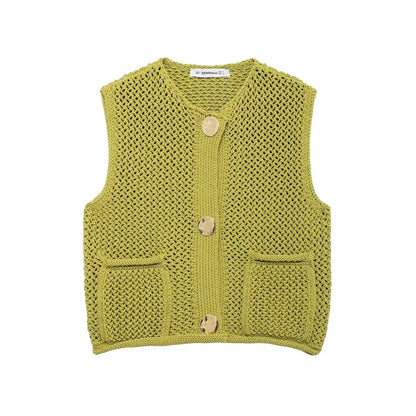 Women Fashion Sleeveless Coarse Needle Knitting Vest Sweater Female Chic Big Pockets Patch Buttons Cardigan Waistcoat Tops