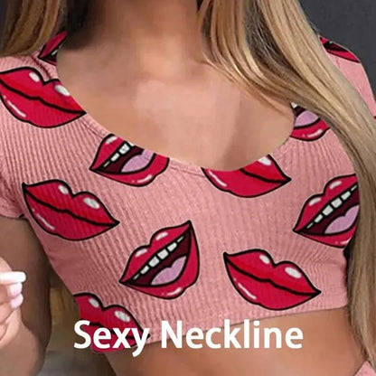 2026 Summer Casual Lips Print Women Sleepwear Pajamas Set Top Pants Skinny Homewear Underwear