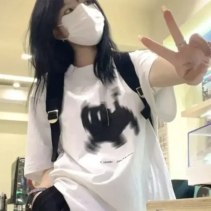 Unisex Oversize Black Cat Women Men Print T-Shirt Round Neck Fun Psychedelic Black Cat Casual Y2K Harajuku Top Graphic Tees