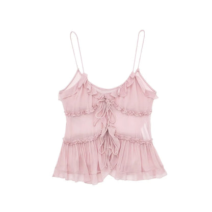 Women Fashion With Ruffled Front Tied Semi-sheer Tank Tops Sexy Backless Thin Straps Female Camis Mujer