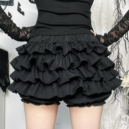 Women Skirts Tiered Ruffles Mini Skirt with Cross Charms Built-in Shorts Kawaii Sukapan Skort Gothic Punk Coquette Y2K E-girl