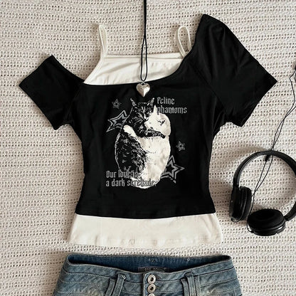 Asthetische Goth Fledermaus Brief Y2K Stil zweitelige T-Shirt Kurzarm Weste Harajuku Streetwear Hosentrger Frauen Kleidung Shirt