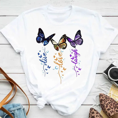 Y2k Women's Colorful Butterfly Petal Print T-Shirt, Short Sleeve, Round Neck, Cute Graphic Tee Shirts, Female Tops Clothes