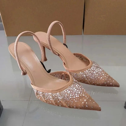 2025 Summer New Women's Sandals Water Diamond Bright Mesh High Heels Footwear Elegant Slingback Pointed Slip on Party Lady Shoes
