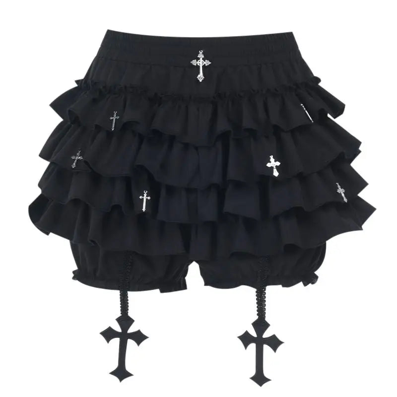 Women Skirts Tiered Ruffles Mini Skirt with Cross Charms Built-in Shorts Kawaii Sukapan Skort Gothic Punk Coquette Y2K E-girl