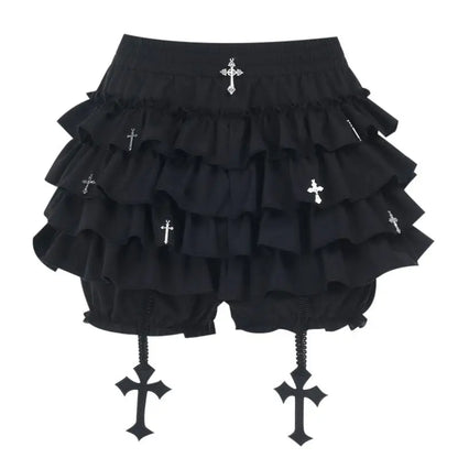 Women Skirts Tiered Ruffles Mini Skirt with Cross Charms Built-in Shorts Kawaii Sukapan Skort Gothic Punk Coquette Y2K E-girl