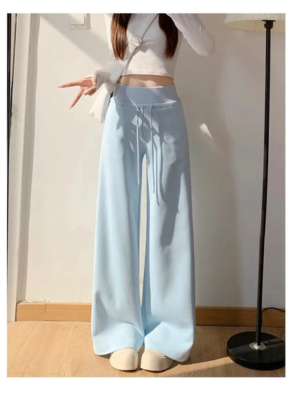 Women's gray sports high waist hanging loose slimming straight leg wide leg pants American sweatpants.