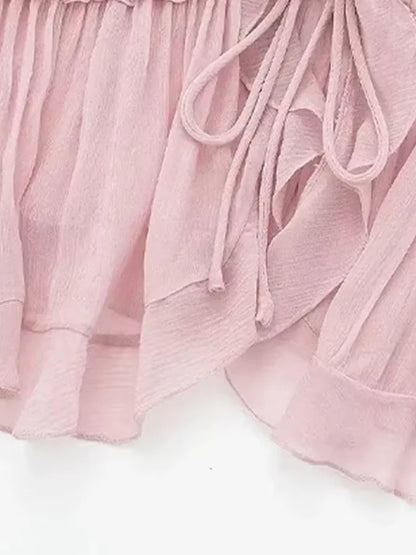 Women Fashion With Ruffled Front Tied Semi-sheer Tank Tops Sexy Backless Thin Straps Female Camis Mujer
