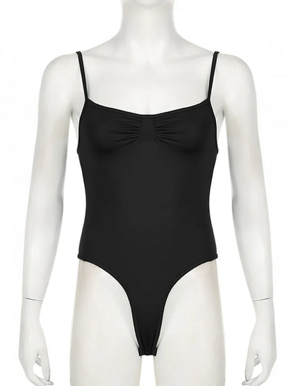 Sweetown Women's Sleeveless Skinny Shirring Bodysuit Black Spaghetti Strap Solid Simple Basic Sexy Camisole for Vacation