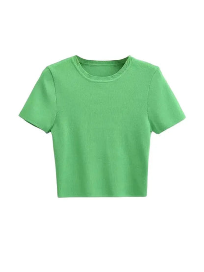 Women Fashion Striped Basic Cropped Knit Sweater Vintage O Neck Short Sleeve Female Pullovers Chic Tops
