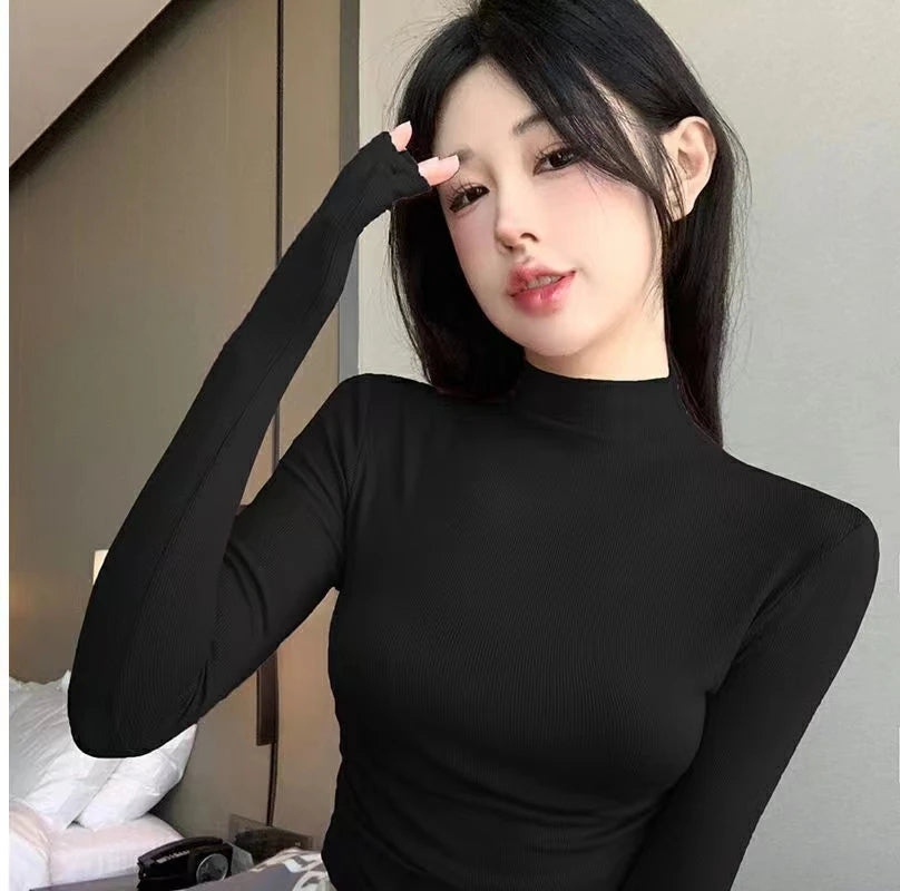 Womens Long Sleeve Turtleneck T Shirts Ribbed Tight Knit Sexy Slim Fitted Casual Women's Basic Crop Tops Cropped T-Shirt