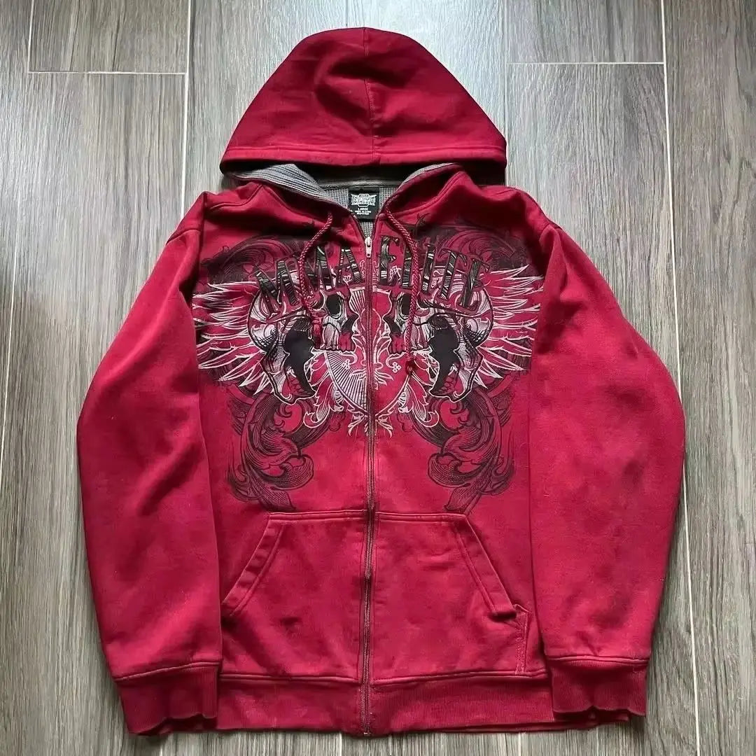 American Double-Sided Plaid Loose Zipper Hoodie Men Y2K New Harajuku Hip-Hop Gothic Couple Casual Joker Sweatshirt Street Wear