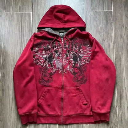 American Double-Sided Plaid Loose Zipper Hoodie Men Y2K New Harajuku Hip-Hop Gothic Couple Casual Joker Sweatshirt Street Wear