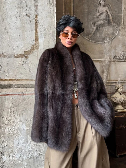 Solid Medium-length Fur Coat Women Elegant Lapel Hidden Button Loose Outerwear 2025 Winter New Office Lady Commute Overcoat