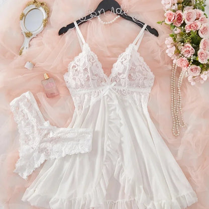 Sexy Lingerie Set Women Erotic Bra Nightdress Sexy Lace Sleepwear Solid Slim Soft Dresses V Neck Full Slip Sleepwear & Dresses