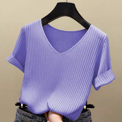 AOSSVIAO 2026 Basic V-neck Solid Thin Summer Women Pullover Female Thin Knitted Ribbed Sweater Slim Short Sleeve Bodycon Sweater