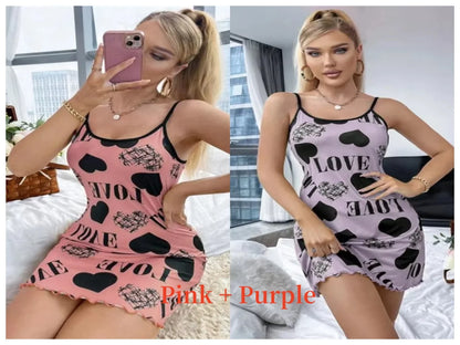 Summer New Women's Nightgown Beauty Back Thin Section Of Home Wear Sexy Halter Short Skirt Love Cartoon Cute Printing Pajamas