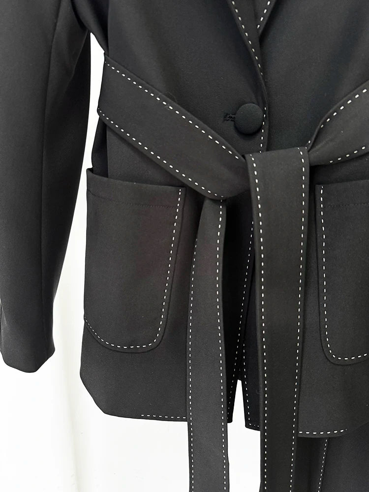 HIGH STREET Newest Fashion 2026 Designer Suit Set Women's Contrast Stitching Belted Blazer Pants Suit 2pcs