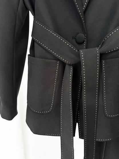 HIGH STREET Newest Fashion 2026 Designer Suit Set Women's Contrast Stitching Belted Blazer Pants Suit 2pcs