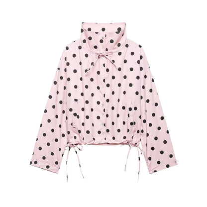 HH Women Elegant Fashion Polka Dot Pink Jacket Single Breasted High Collar Drawstring Coat Spring Lady Trend Street Outwear
