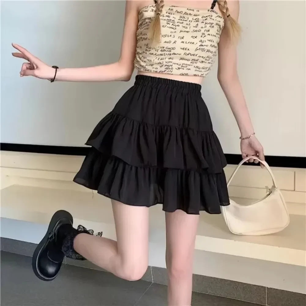 Summer Kawaii White Ruflles Skirt Women Fashion Slim Fit Chiffon Mini Skirts Giris Y2k All Match Elastic High Waist Black Faldas