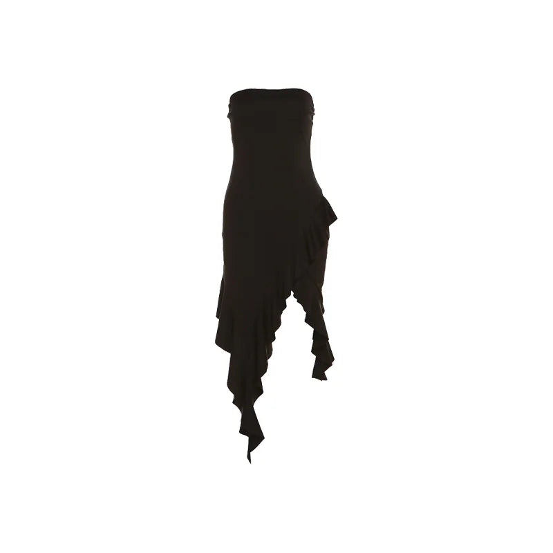 Sylcue Simple Black Thin Knitted Breathable High Elastic Sexy Mature Charm Young Girl Women'S Irregular Summer Wrap Dress