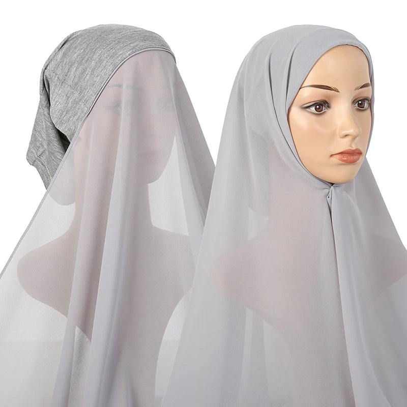 New Plain Instant Hijab Bubble Chiffon With Modal Tube Cap Set Muslim Woman Hijab Innerscarf Casual Long Scarf Islamic Turban