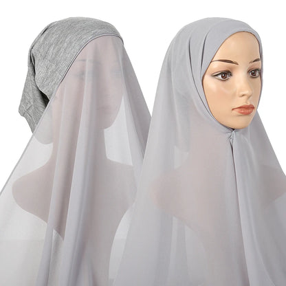 New Plain Instant Hijab Bubble Chiffon With Modal Tube Cap Set Muslim Woman Hijab Innerscarf Casual Long Scarf Islamic Turban