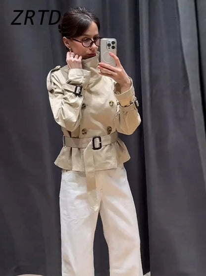 Fashion Women's Short Belt Jackets Turtleneck Double Breasted Full Sleeve Female Trench Coats 2025 Autumn Lady Commute Outwear