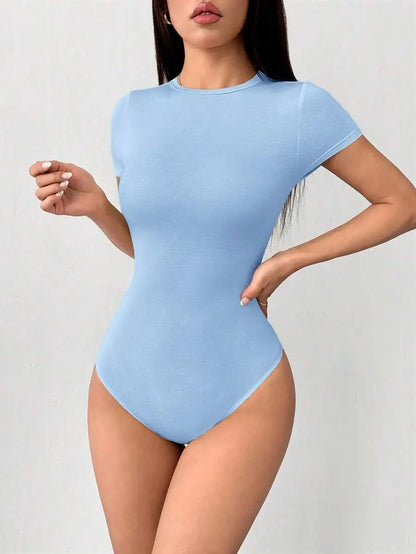 Petite Solid Slim Fit Short Sleeve Bodycon Bodysuit for Women