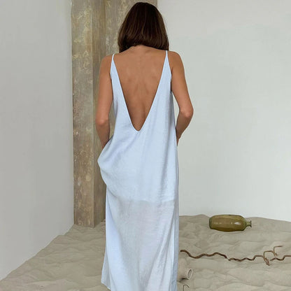Linad Summer Casual White Long Dress Sexy Loose Backless Split Dresses Woman Street Chic V Neck Straight Dress For Women 2025