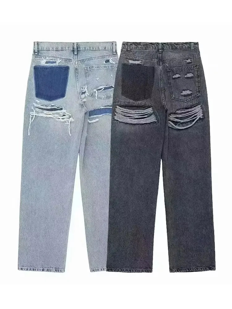 HH Jeans For Women Fashion Vintage Holes Decorated Denim Pant Patchwork High Waist Trousers Y2K 2024 High Street Lady Jeans