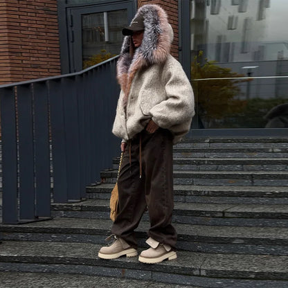 Vintage Thicken Faux Fur Woolen Jacket Women Fashion Hooded Pocket Lantern Sleeve Elastic Waist Coat Winter Female Daily Outwear