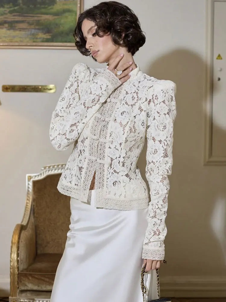 Tossy Summer Lace Printed Shirts Tops Female Hollow Out Fashion Commute Vintage See-Through Blouse Women's Lace Shrug Shirts New