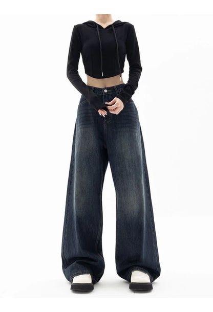 Women's Retro Street Style High-Waisted Wide Leg Pants Floor-Length Niche Design Loose Fit Slimming Jeans
