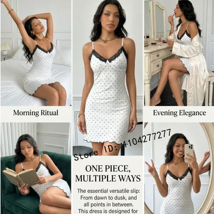 Women's Heart Print Lace Trim Camisole Nightdress,Sleeveless V-Neck Slim Fit Sexy Sleep Dress For Summer Daily Loungewear