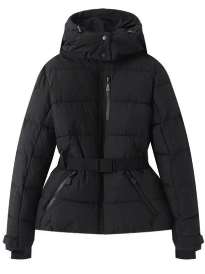 2025 Women Winter Hooded Down Jackets With Belt Lady Warm Thick Long Sleeve Stand Collar Parkas Padded Coats Sports Ski Outdoor