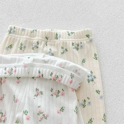 ‌New Arrival Baby Girls Floral Print Cotton Pajama Set Long Sleeve Lace Trim Two Piece Sleepwear Autumn Homewear Infant Toddler‌