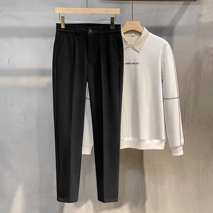 Men's Woolen Casual Pants Autumn Winter Thickened Straight Leg Slim Fit Long Trousers Korean Fashion Nine Points Pants