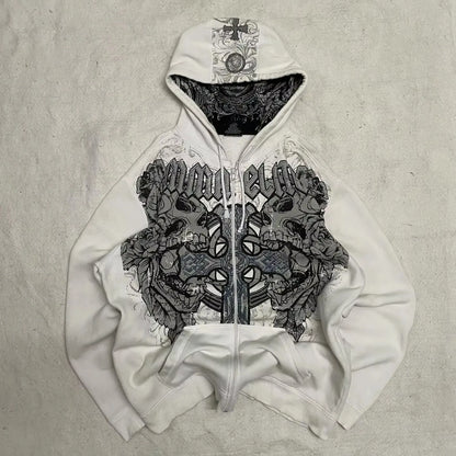 American Y2K New Hip Hop Trend Zipper Hoodie Women Street Casual Loose Joker Vintage Sweatshirt Unisex Fleece Padded Warm Hoodie