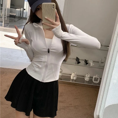 2026 Summer Slim Fit Long Sleeve T Shirt Women Wild Zipper Up Waist Slimming Yoga Tshirt Woman Tight UV Protection Crop Tops