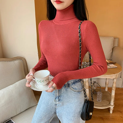 2026 Autumn Winter Women Long Sleeve Knitted Foldover Turtleneck Ribbed Pull Sweater Soft Warm Femme Jumper Pullover Clothes