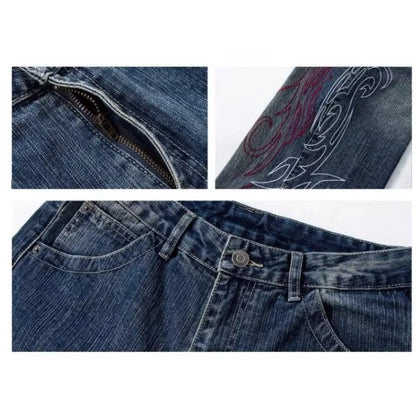 Women's Loose Straight Leg Jeans Elastic High-End Feel  European Fashion Embroidered Flower Trendy Versatile Wide Leg Jeans