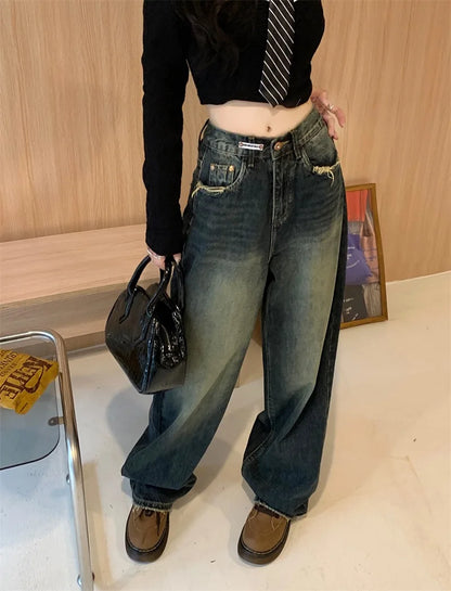 Women's New High-waisted Slimming Straight-leg Loose-fit Vintage American Style Casual Jeans Bell Bottoms For Women