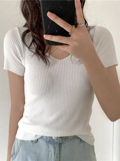 AOSSVIAO 2026 Basic V-neck Solid Thin Summer Pullover Women Female Knitted Ribbed Sweater Slim Short Sleeve Bodycon Sweater